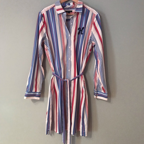 Button down Shirt Dress TOMMY HILFIGER Striped Belted Midi Dress XL Like new - Picture 2 of 16